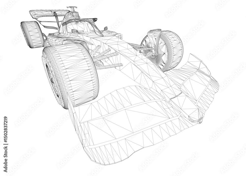 Poster a drawing of a race car with a very detailed design. the car is shown in black and white and has a v