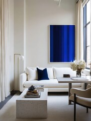 A minimalist living room featuring a modern white sofa and a textured coffee table.