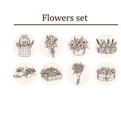 Flowers hand drawn doodle set. Isolated elements on white background. Symbol collection.