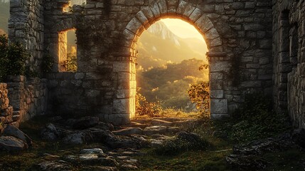 Timeless Gateway: Ancient ruins framing golden landscape at sunset allure