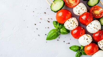 Fresh vegetable and mozzarella skewers on a light background, garnished with basil and cracked pepper.