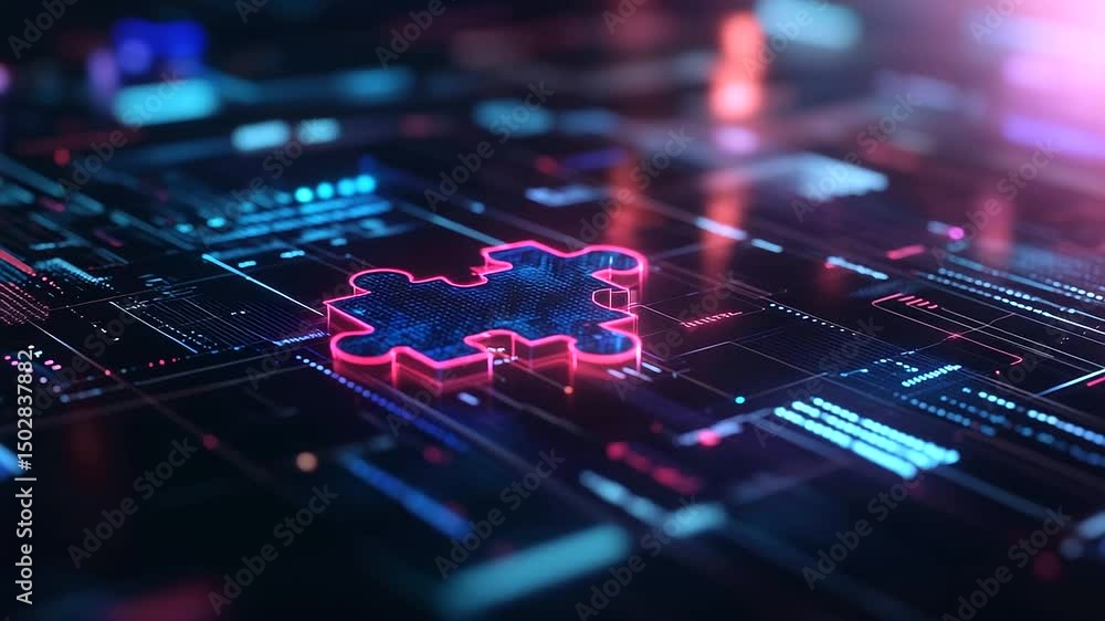 Poster a glowing d puzzle in motion, representing api integration and digital connectivity, against a high-