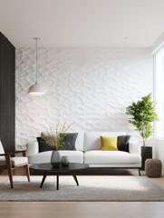 Modern living room with textured white wall and white sofa.