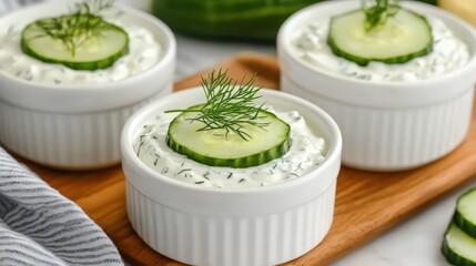 Creamy tzatziki dip garnished with cucumber slices and fresh dill, served in white ramekins on a wooden tray.