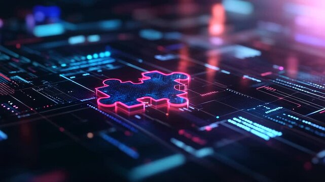 A glowing D puzzle in motion, representing API integration and digital connectivity, against a high-tech backdrop of grids, neon lights, and abstract shapes.