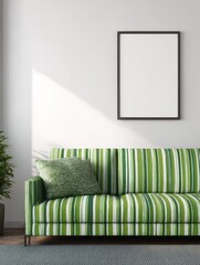 Green striped sofa in a modern living room.