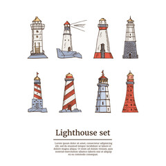 Lighthouse hand drawn doodle set. Vector illustration. Isolated elements on white background. Symbol collection.
