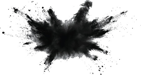 Black powder explosion on white background. Black dust explodes. Paint holi. Black vibrant rainbow holi paint color powder explosion with black colors isolated white background.