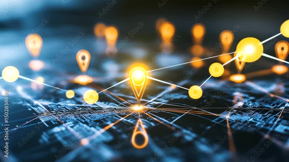Poster a map with pins representing key supply chain hubs across the world, connected by glowing lines that