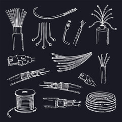 Optical fiber hand drawn doodle set. Vector illustration. Isolated elements on white background. Symbol collection.