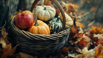 Wicker basket of autumn fruits on wooden table in sunset light