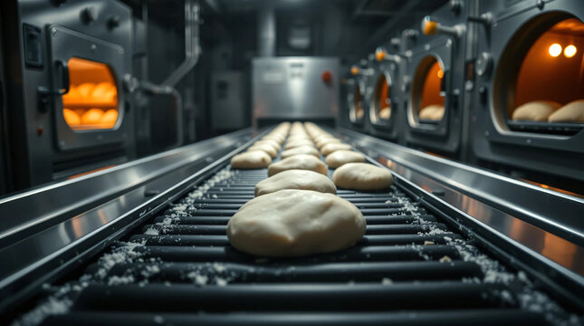 Dough cutting on conveyor belt Industrial bread production