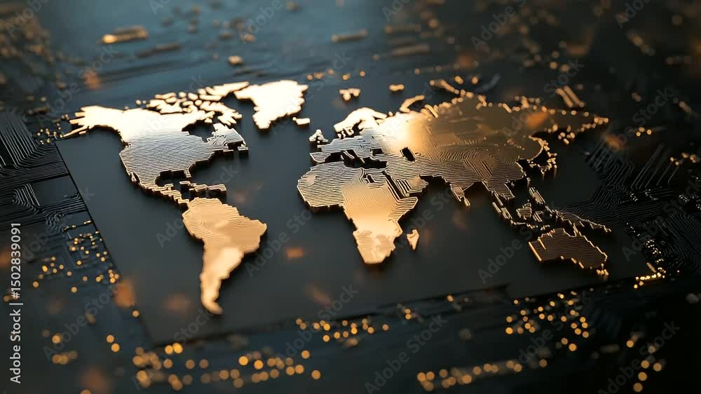 Poster a metallic chip with intricate circuitry shaped like the continents of earth, visualizing the semico