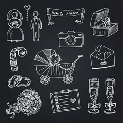 Marriage hand drawn doodle set. Vector illustration. Isolated elements on white background. Symbol collection.