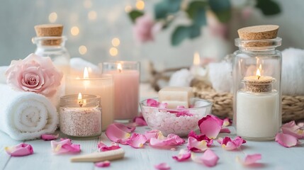 Serene Spa Setting: Rose Petals, Candles, and Aromatherapy