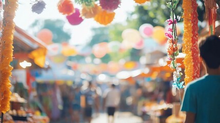 Vibrant Blurred Festive Market Scene with Hanging Floral Garlands
