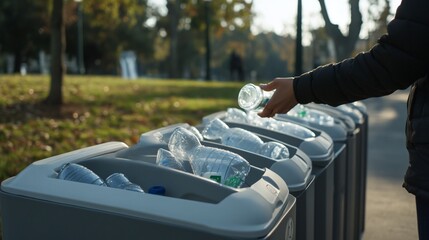 Person Disposing of Plastic Bottles in Recycling Bins at Park