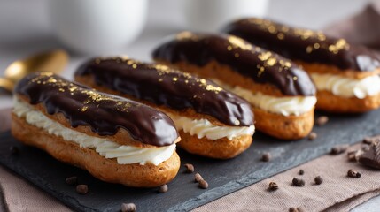 Gourmet &Eacute;clairs with Vanilla Cream and Chocolate Glaze on Slate Platter
