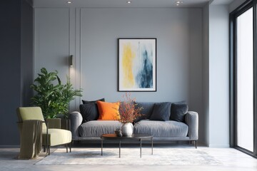 Modern living room interior design with a gray sofa and a statement wall art piece.