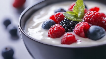 Delicious Creamy Yogurt with Fresh Berries and Mint