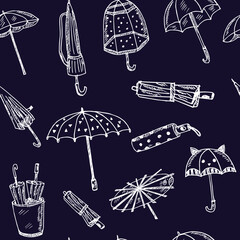 Umbrella hand drawn doodle seamless pattern. Isolated elements on white background. Symbol collection.