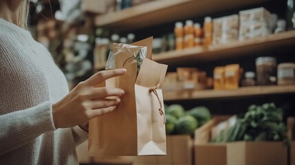 Woman Holding Eco-Friendly Paper Bag with Plants from a Zero Waste Store