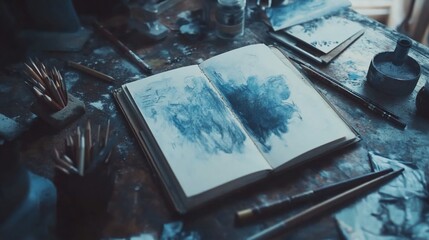 Artist's Sketchbook: A Study in Blue Hues and Charcoal