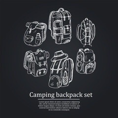 Camping backpack hand drawn doodle set. Vector illustration. Isolated elements on white background. Symbol collection.