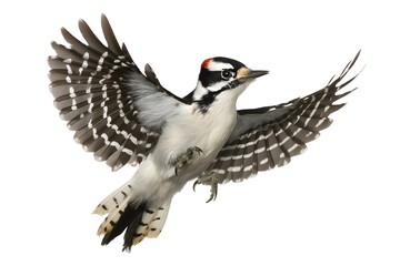 Obraz premium Woodpecker in Flight: Witness the exquisite details of a woodpecker, captured mid-flight. Its wings spread wide, revealing intricate patterns.