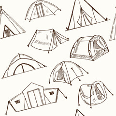 Hiking and camping hand drawn doodle seamless pattern Vector illustration. Isolated elements on white background. Symbol collection.