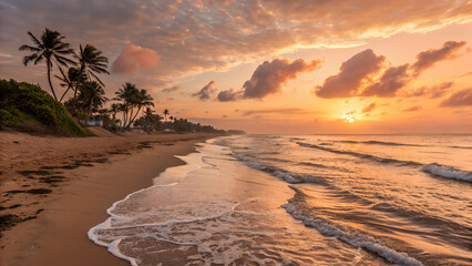 Beautiful sunrise over a calm Mediterranean beach with golden waves, sandy shore, and peaceful ocean reflections.
