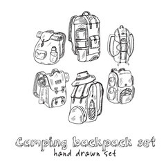 Camping backpack hand drawn doodle set. Vector illustration. Isolated elements on white background. Symbol collection.