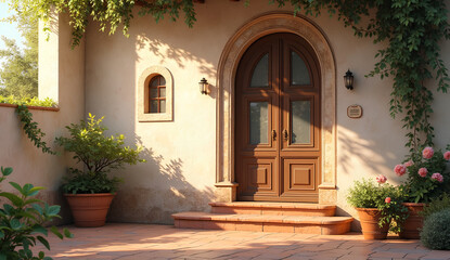 Fototapeta premium Rustic Arch Door with Plants and Sunlight