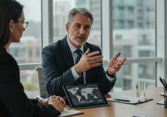 Business people discussing global strategy in a modern office setting