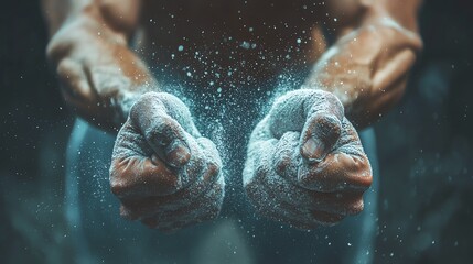 Intense athlete covered in chalk. Powerful, muscular man ready for a workout. Focus and determination.