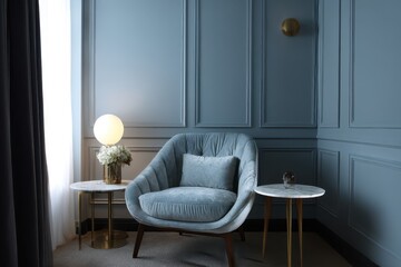 A stylish, cozy corner seating area with soft blue hues.