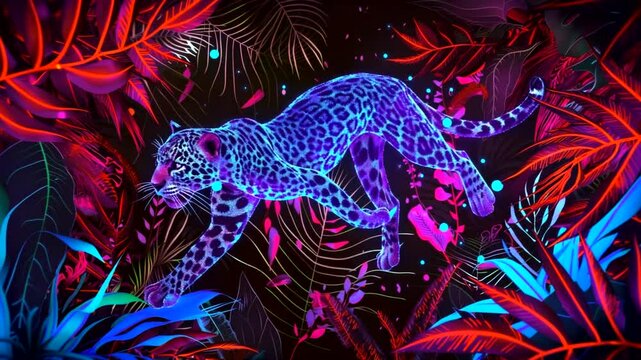 A vibrant neon leopard gracefully leaps through a lush, colorful jungle filled with exotic plants