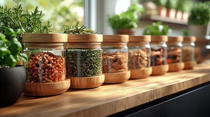 Glass jars with wooden lids filled with various spices and herbs on a kitchen counter.