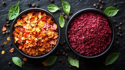 Dried rose petals and beetroot flakes in bowls.