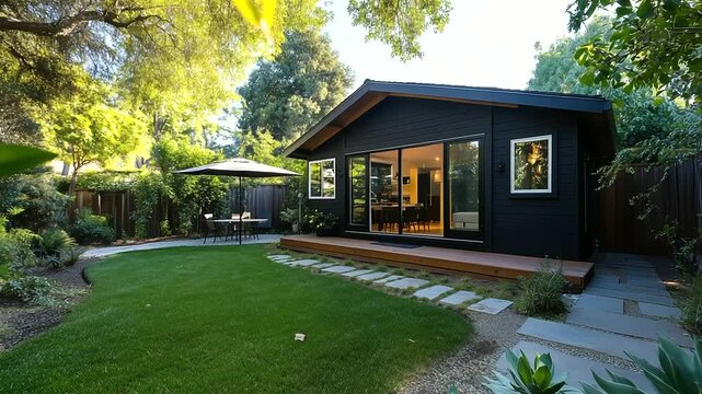 A thoughtfully designed single-story ADU featuring a sloping roof, a shaded porch, and warm-toned paint, surrounded by drought-tolerant landscaping.