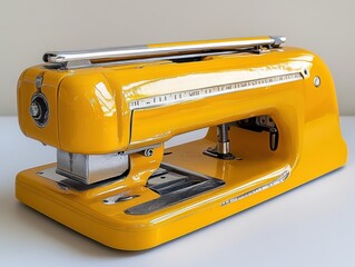 Fototapeta premium Bright yellow vintage sewing machine on a clean surface with soft lighting