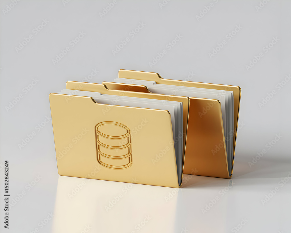 Poster gold file folders with database icon representing data storage and management