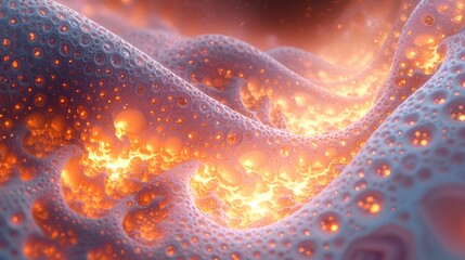 Abstract fiery, porous, glowing, textured surface.