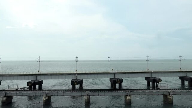 The Pamban railway sea bridge at Rameswaram, Tamil Nadu, India