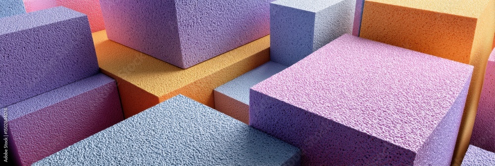Poster geometric arrangement of foam polyurethane blocks in various colors with an empty upper zone