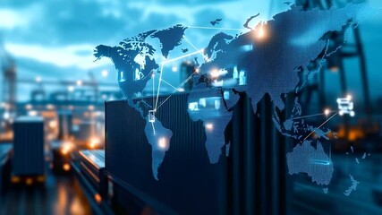 A world map with interconnected routes and transportation symbols, illustrating global supply chain logistics and the seamless distribution of goods across continents.
