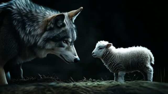side view the wolf and the lamb look at each other 