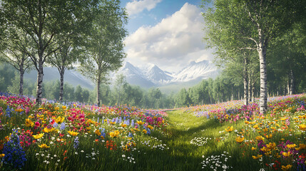 Obraz premium Colorful meadow with mountains