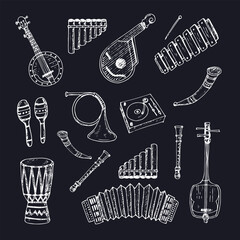 Folk music isolated hand drawn doodles Vector set