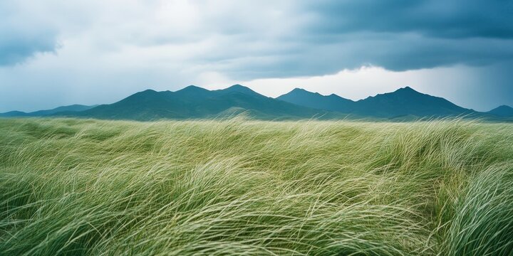 Wide grassy plains stretching to a distant mountain range under a dramatic sky